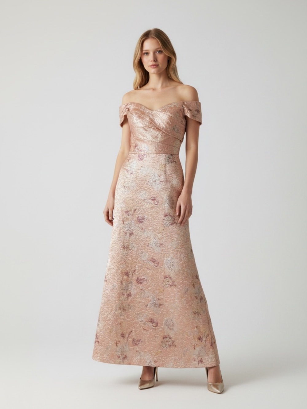 Azazie One-Shoulder Floral Brocade Gown in Rose silver size A12